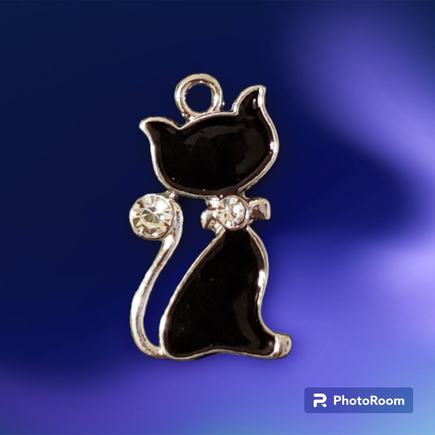 Black enamel rhinestones cat charm (Large)